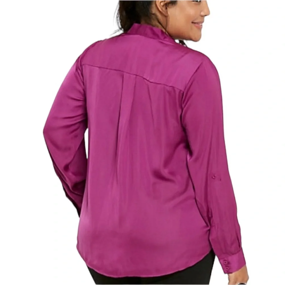 TORRID HOLLYHOCK RASPBERRY PINK BARBIE SATIN SURPLICE NECK LONG SLEEVE TOP